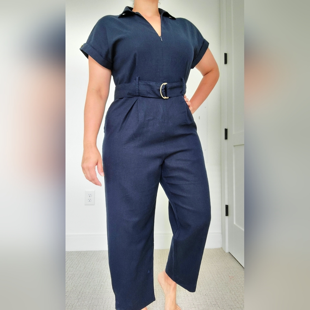 ZARA- Turned-Up Cuff Belted Jumpsuit, XL, Blue